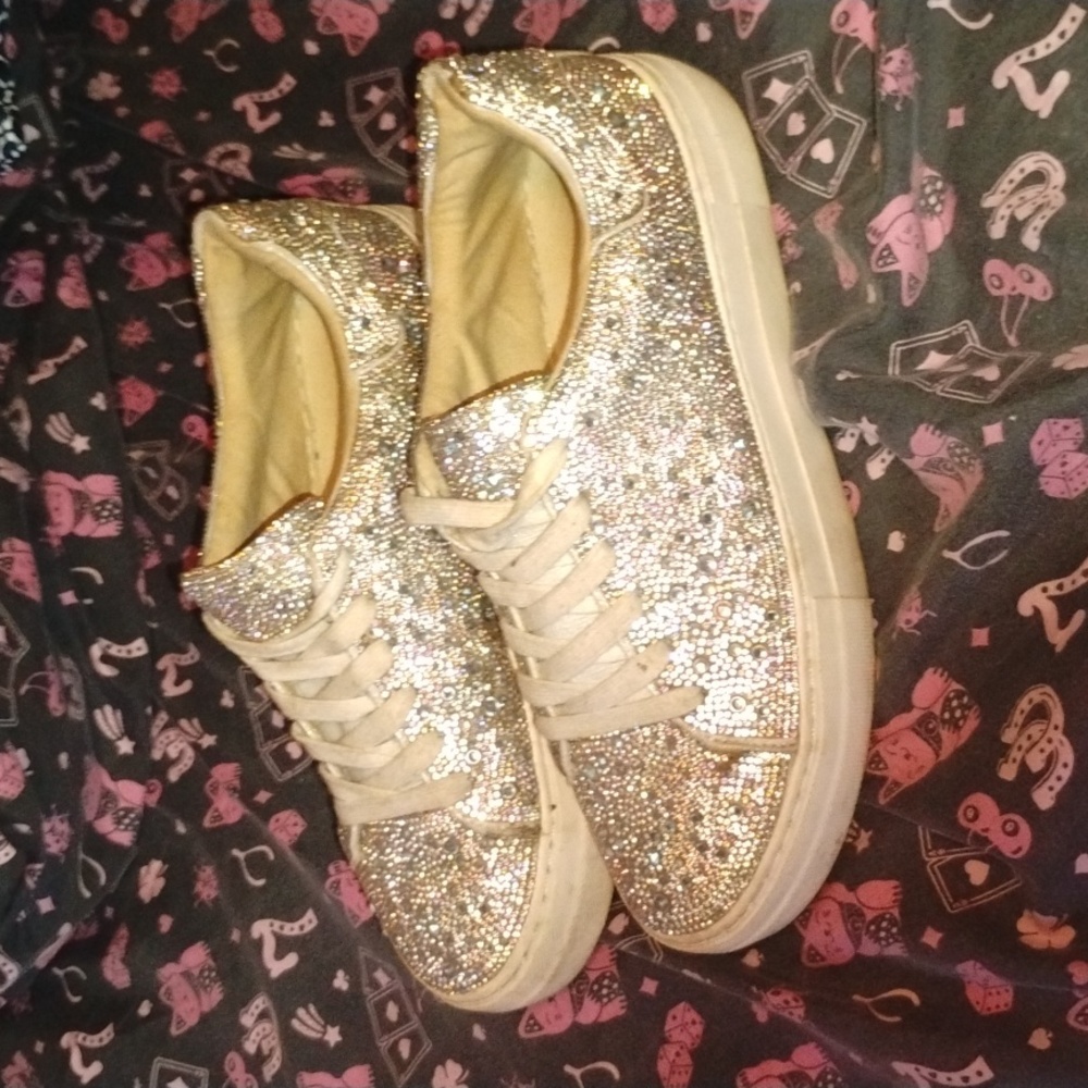 Betsey Johnson Sidny Silver White Rhinestone Platform Sneakers Bridal Size 9